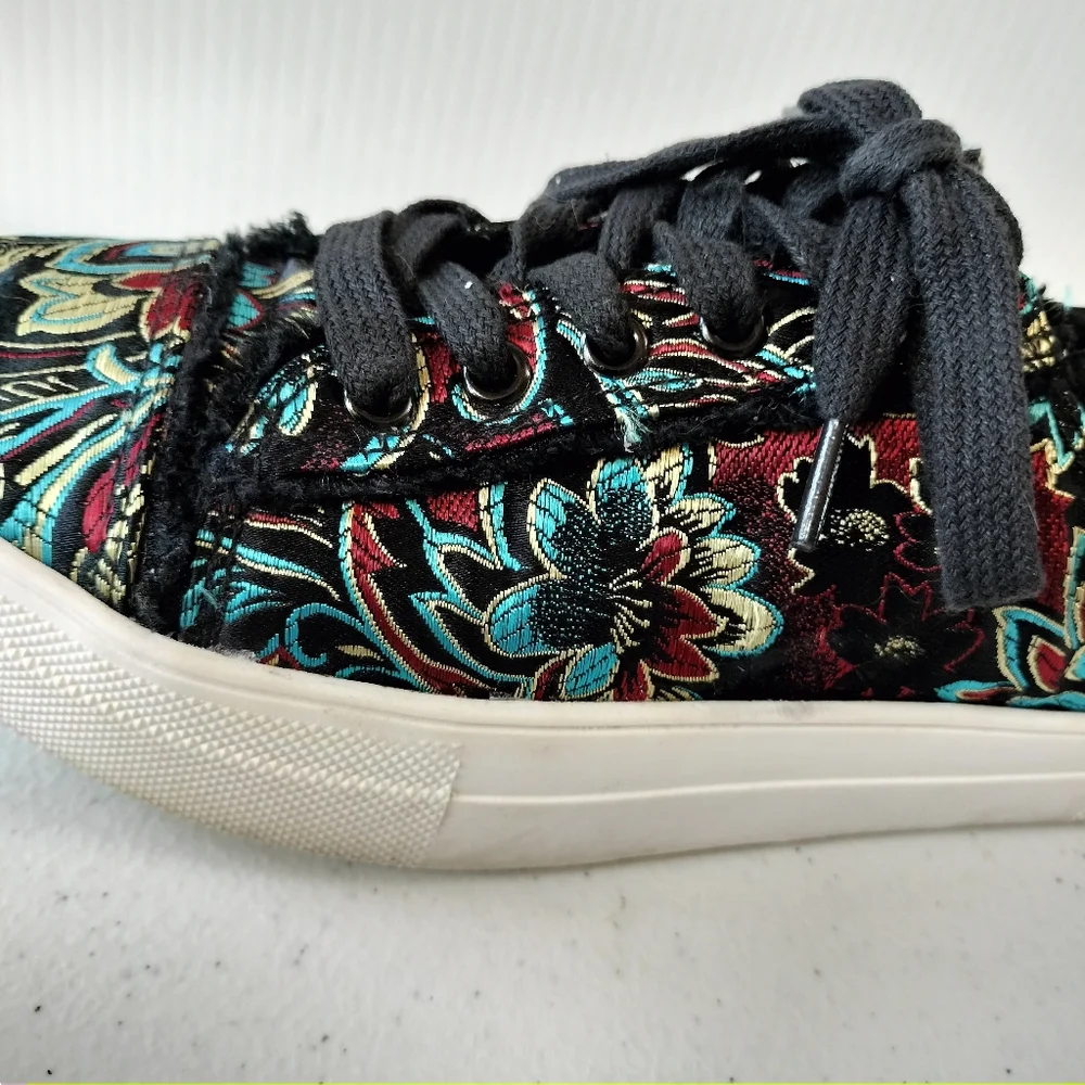 Rock & Candy Silky Black Floral Brocade Frayed Edges Sneakers 7 Goth Rock Artsy